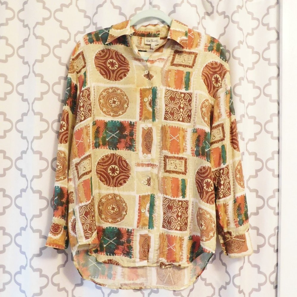 Vintage Two Twenty Tan Multi Print Silk Blouse - NWT